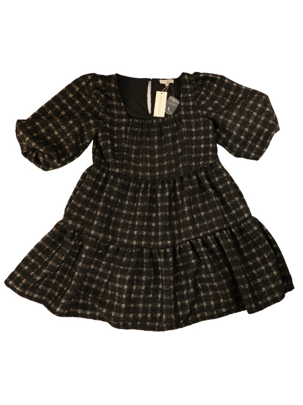 Moon and River Black Metallic Plaid Tiered Dress Puff Sleeve Size Small NWT